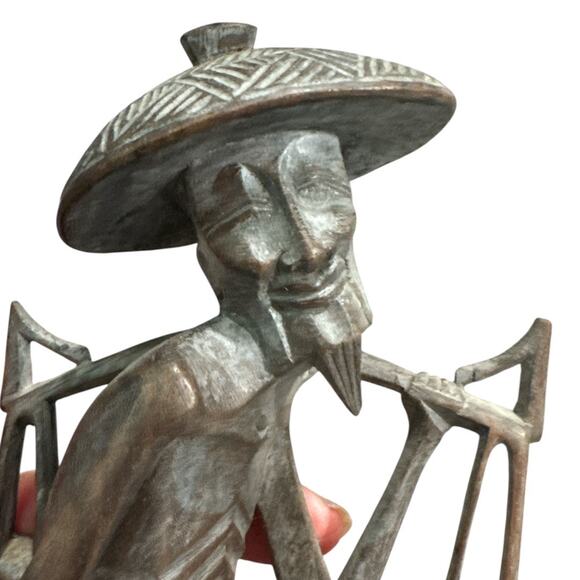 Vintage Hand Carved Solid Wood Smiling Old Man Vendor - Picture 7 of 10